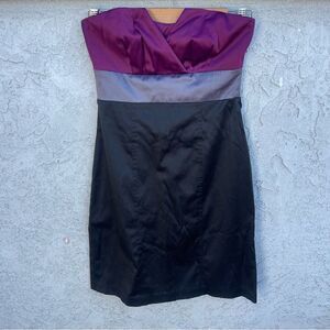 2000s Colorblock Strapless Mini Party Dress - XS Black Gray Plum Satin Cocktail